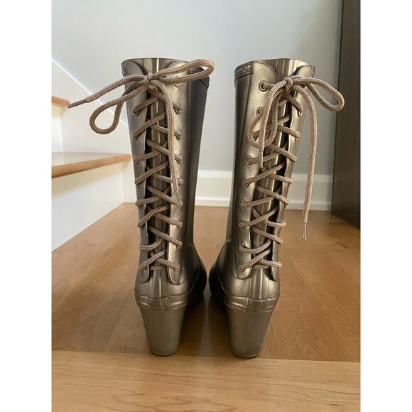 Rare! Hunter Sz 9 - 10 Verbier Lace Up Wedge Platform Rain Boots Titanium Gold - Picture 4 of 11